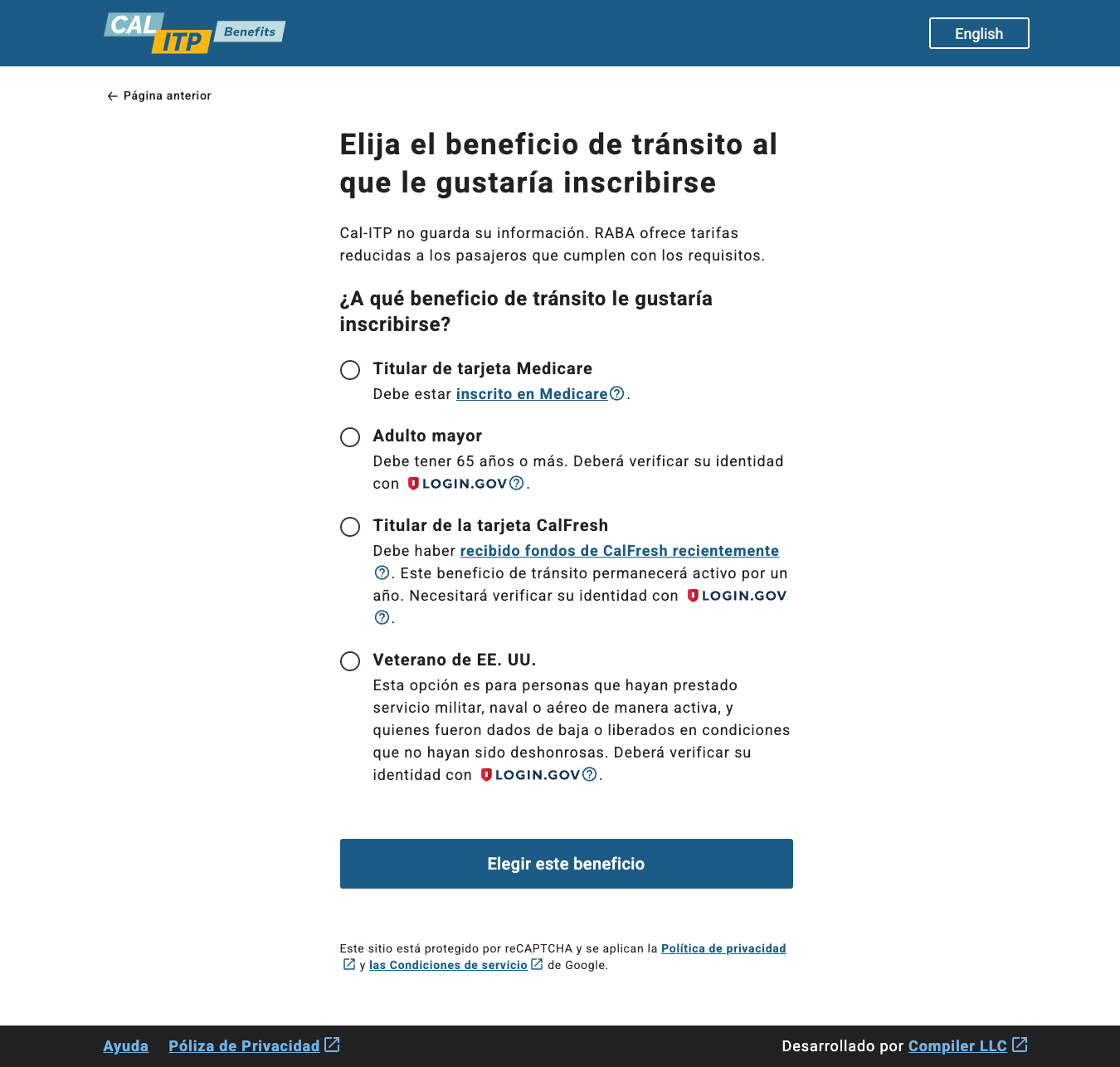 Screenshot of the Cal-ITP Benefits Application page, where the user is presented with the transit benefits options available for eligible riders to enroll in. The user can select the option for which benefit type is applicable to them. The text in this image is in Spanish.