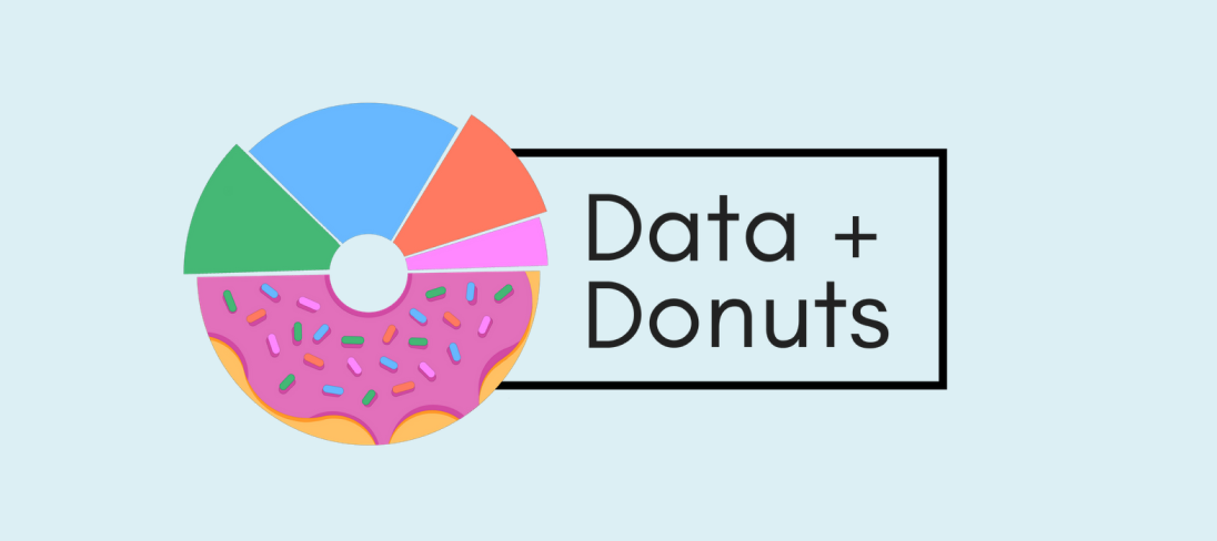 An image of a logo containing a donut, where the top half displays a pie chart, and the words “Data plus sign Donuts.
